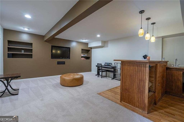 3300 Wiltshire Dr, Avondale Estates, GA 30002 - indoor wet bar featuring carpet floors, pendant lighting, and recessed lighting