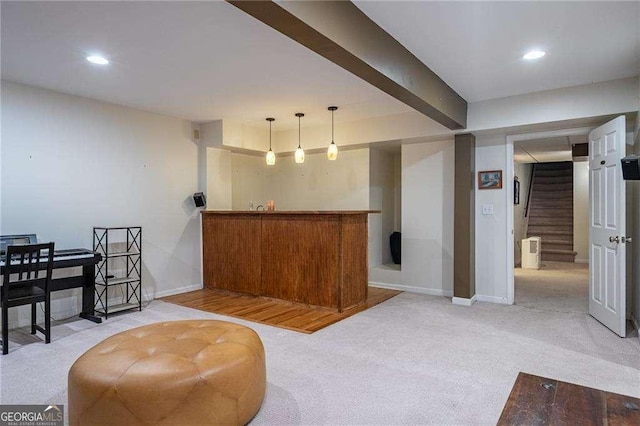 3300 Wiltshire Dr, Avondale Estates, GA 30002 - indoor bar with light colored carpet, stairs, decorative light fixtures, and recessed lighting
