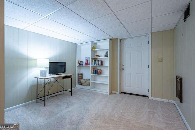 3300 Wiltshire Dr, Avondale Estates, GA 30002 - home office featuring carpet, built in shelves, a drop ceiling, and wood walls