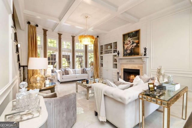 2230 Cambridge Hill Ct, Dacula, GA 30019 - living room with a decorative wall, built in shelves, a high end fireplace, coffered ceiling, and beamed ceiling