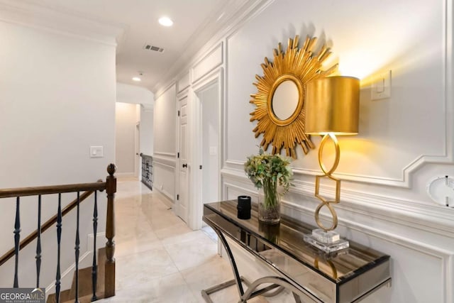 2230 Cambridge Hill Ct, Dacula, GA 30019 - hall featuring an upstairs landing, recessed lighting, light marble finish flooring, and a decorative wall