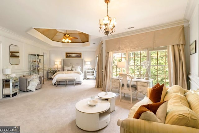 2230 Cambridge Hill Ct, Dacula, GA 30019 - bedroom with crown molding, carpet flooring, a tray ceiling, and a chandelier