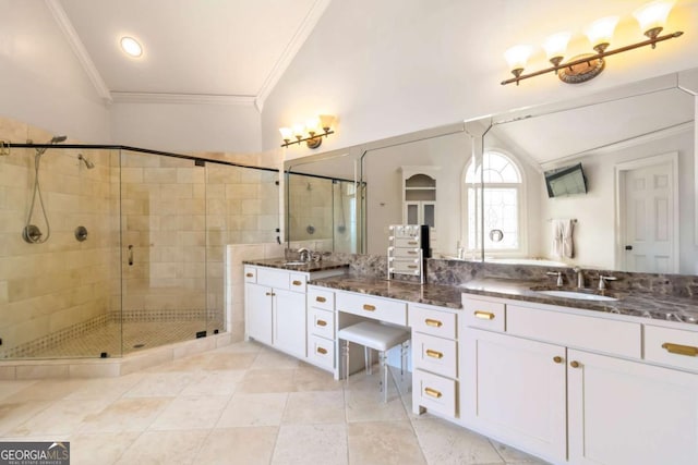 2230 Cambridge Hill Ct, Dacula, GA 30019 - full bathroom featuring ornamental molding, a stall shower, vanity, and tile patterned floors
