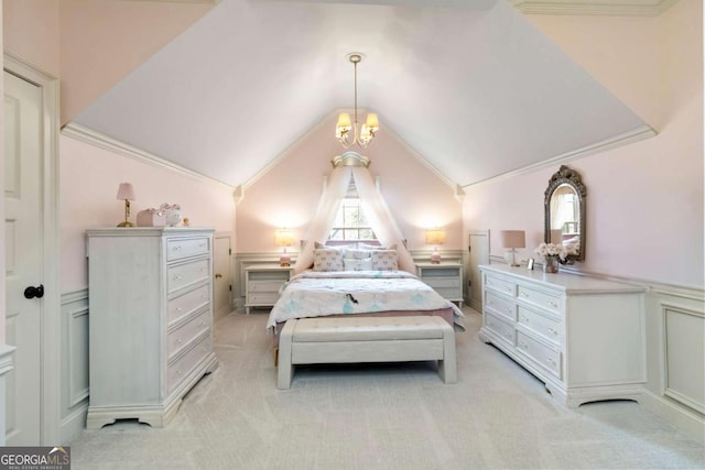 2230 Cambridge Hill Ct, Dacula, GA 30019 - bedroom with light colored carpet, a chandelier, lofted ceiling, and crown molding