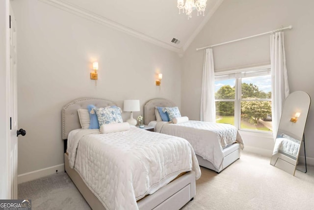 2230 Cambridge Hill Ct, Dacula, GA 30019 - bedroom with ornamental molding, vaulted ceiling, light carpet, and a chandelier
