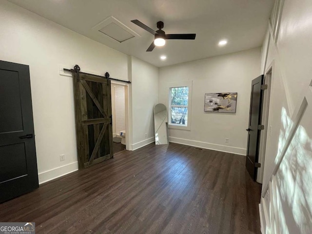 535 Walnut St, Hapeville, GA 30354 - empty room with dark wood-type flooring, a barn door, recessed lighting, and ceiling fan