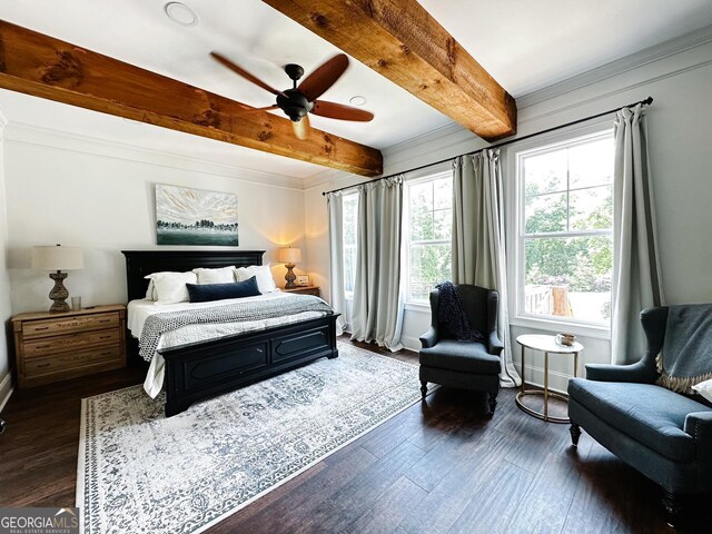 7093 Vaughn Rd, Canton, GA 30115 - bedroom featuring beamed ceiling, dark wood-type flooring, ornamental molding, and ceiling fan