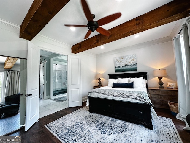 7093 Vaughn Rd, Canton, GA 30115 - bedroom with beam ceiling, crown molding, wood finished floors, ensuite bath, and ceiling fan