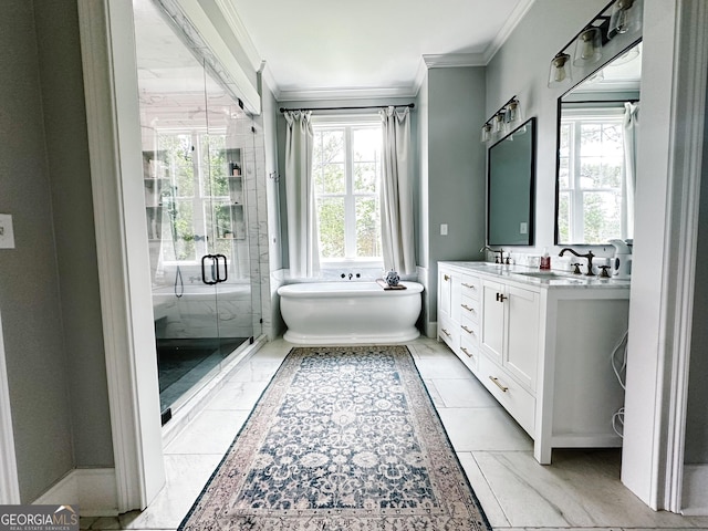 7093 Vaughn Rd, Canton, GA 30115 - full bathroom with crown molding, double vanity, a soaking tub, and a stall shower
