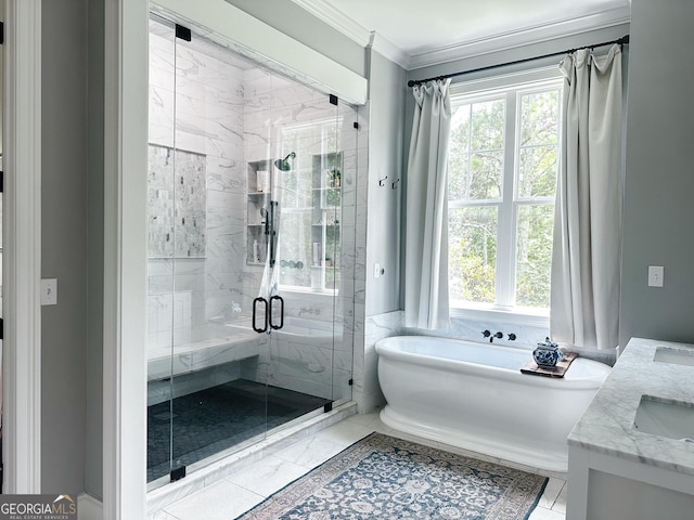 7093 Vaughn Rd, Canton, GA 30115 - bathroom featuring a soaking tub, a shower stall, plenty of natural light, ornamental molding, and double vanity