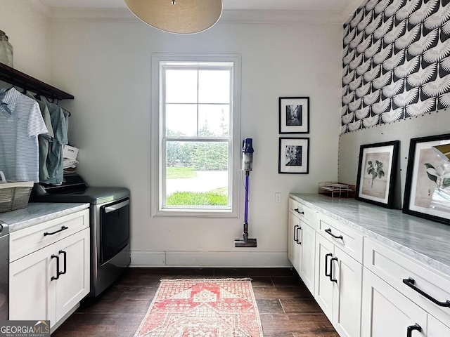 7093 Vaughn Rd, Canton, GA 30115 - kitchen featuring dark wood finished floors, crown molding, white cabinetry, and range