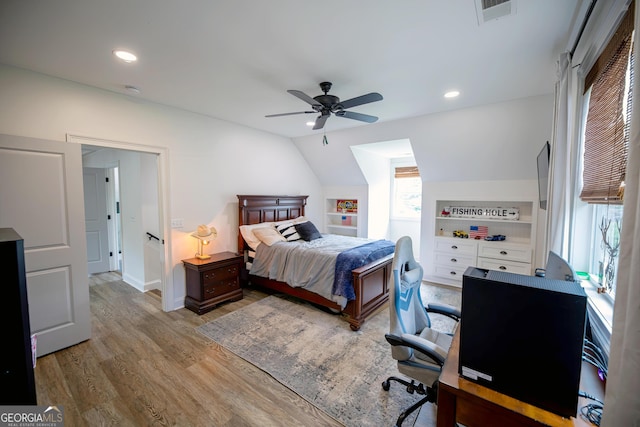 7093 Vaughn Rd, Canton, GA 30115 - bedroom with wood finished floors, vaulted ceiling, recessed lighting, a desk, and a ceiling fan