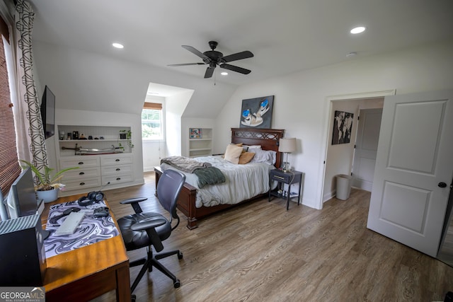 7093 Vaughn Rd, Canton, GA 30115 - bedroom with light wood-style floors, lofted ceiling, recessed lighting, and ceiling fan