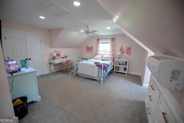 7093 Vaughn Rd, Canton, GA 30115 - bedroom with light colored carpet, attic access, vaulted ceiling, ceiling fan, and recessed lighting