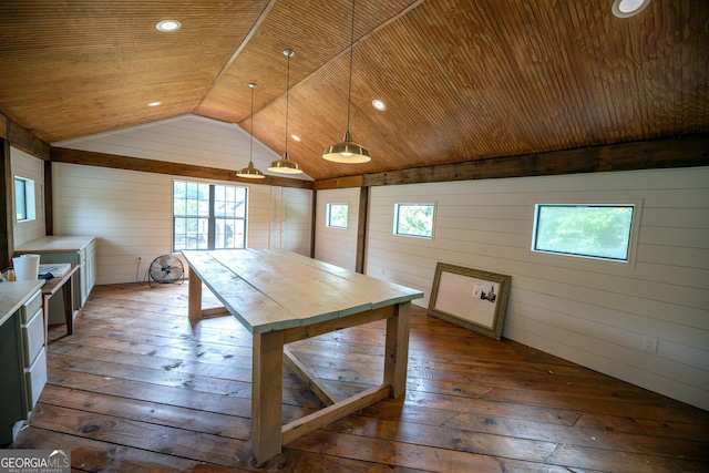 7093 Vaughn Rd, Canton, GA 30115 - dining room with wooden walls, dark wood-type flooring, lofted ceiling, and wooden ceiling