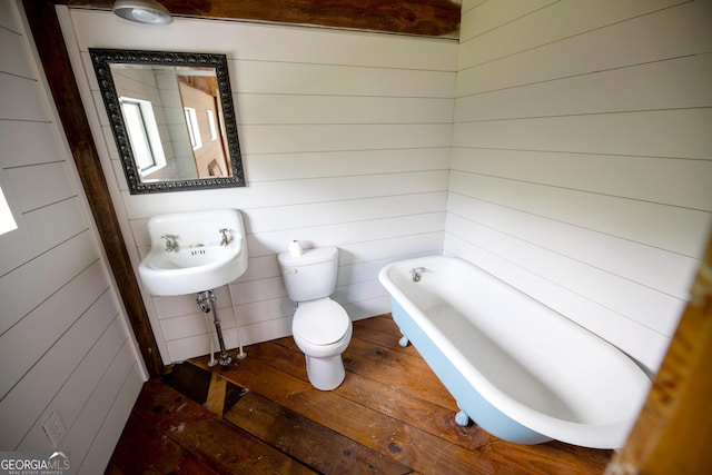 7093 Vaughn Rd, Canton, GA 30115 - full bathroom with wooden walls, a tub, and hardwood / wood-style flooring