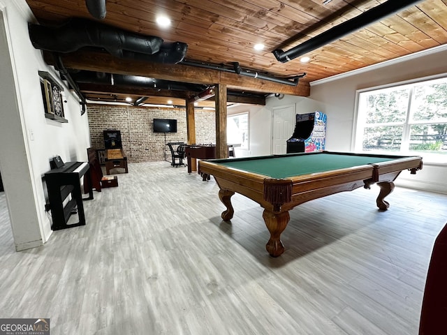 7093 Vaughn Rd, Canton, GA 30115 - recreation room featuring brick wall, wooden ceiling, billiards table, and wood finished floors
