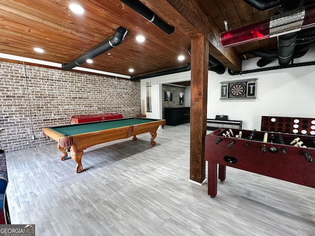 7093 Vaughn Rd, Canton, GA 30115 - playroom with brick wall, wooden ceiling, wood finished floors, pool table, and recessed lighting