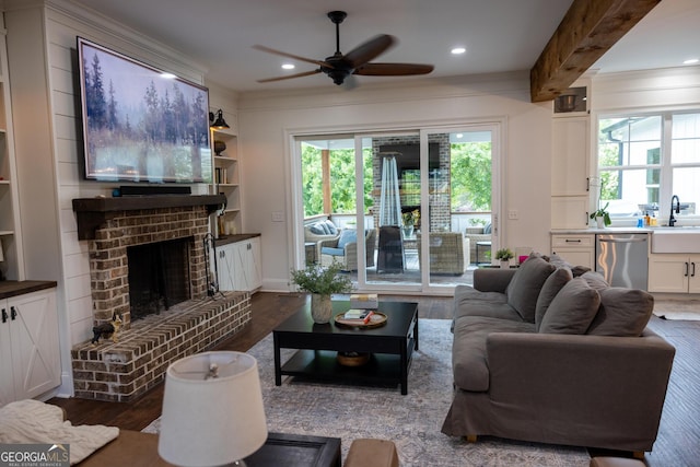 7093 Vaughn Rd, Canton, GA 30115 - living room with ceiling fan, wood finished floors, a fireplace, and recessed lighting