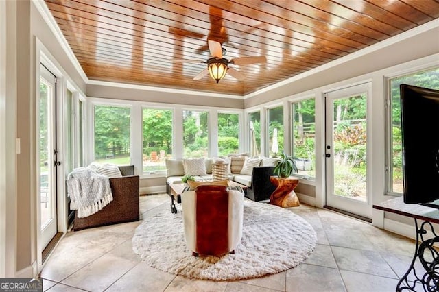121 Fairway Overlook, Woodstock, GA 30188 - sunroom with wood ceiling, french doors, ornamental molding, healthy amount of natural light, and tile patterned flooring