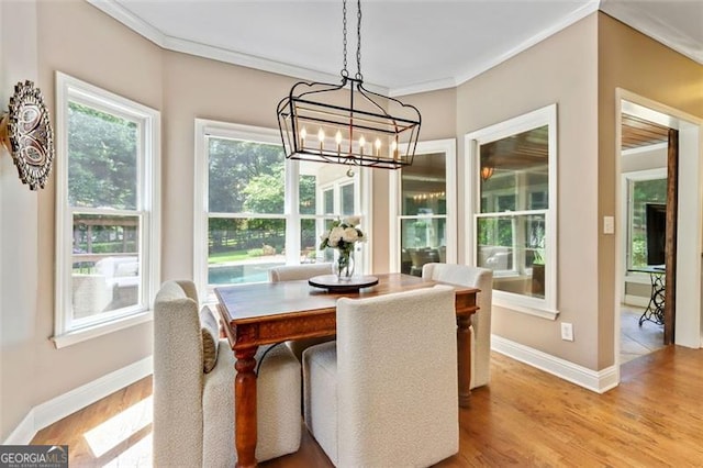 121 Fairway Overlook, Woodstock, GA 30188 - dining room featuring ornamental molding, light wood-style flooring, and a chandelier