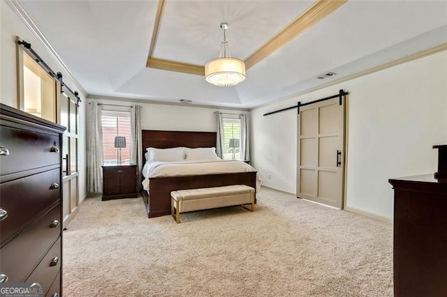 121 Fairway Overlook, Woodstock, GA 30188 - bedroom featuring a barn door, light carpet, a tray ceiling, and ornamental molding