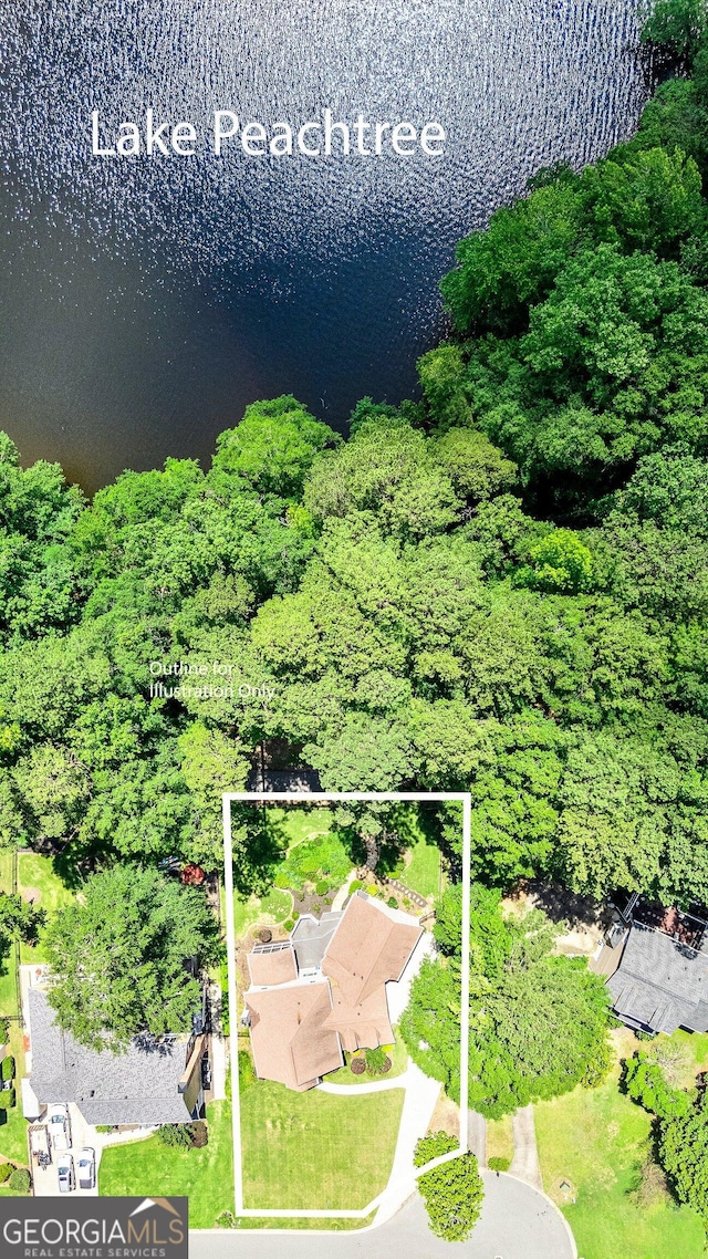 115 Edgewater Way, Peachtree City, GA 30269 - aerial view of property and surrounding area with property parcel outlined and a nearby body of water