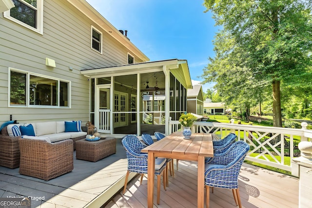 115 Edgewater Way, Peachtree City, GA 30269 - deck with a sunroom, an outdoor hangout area, and outdoor dining space