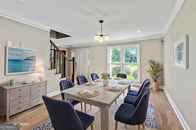 115 Edgewater Way, Peachtree City, GA 30269 - dining room featuring ornamental molding, light wood-style flooring, stairway, and recessed lighting