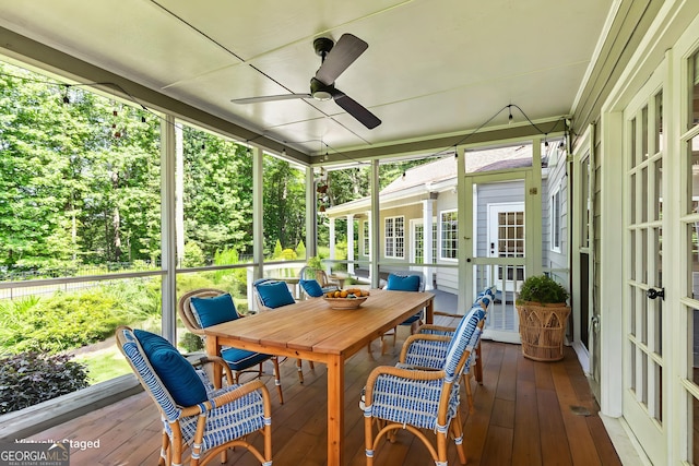 115 Edgewater Way, Peachtree City, GA 30269 - sunroom / solarium with a ceiling fan and outdoor dining area