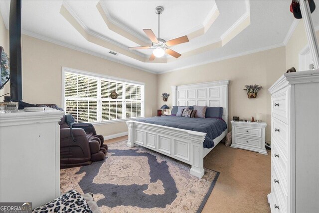 221 Timber Ridge Dr, Clarkesville, GA 30523 - bedroom with crown molding, a raised ceiling, light carpet, and a ceiling fan