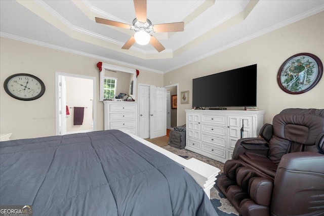 221 Timber Ridge Dr, Clarkesville, GA 30523 - bedroom with a tray ceiling, crown molding, a ceiling fan, and connected bathroom