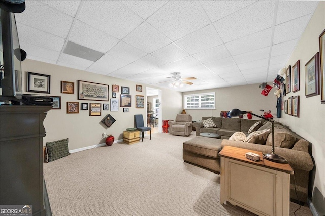 221 Timber Ridge Dr, Clarkesville, GA 30523 - living room with ceiling fan, a drop ceiling, and carpet