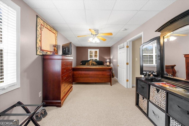 221 Timber Ridge Dr, Clarkesville, GA 30523 - bedroom featuring light carpet, a paneled ceiling, and ceiling fan
