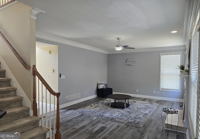 176 Fairoaks Cir, Stockbridge, GA 30281 - living area featuring stairs, a ceiling fan, wood finished floors, ornamental molding, and recessed lighting