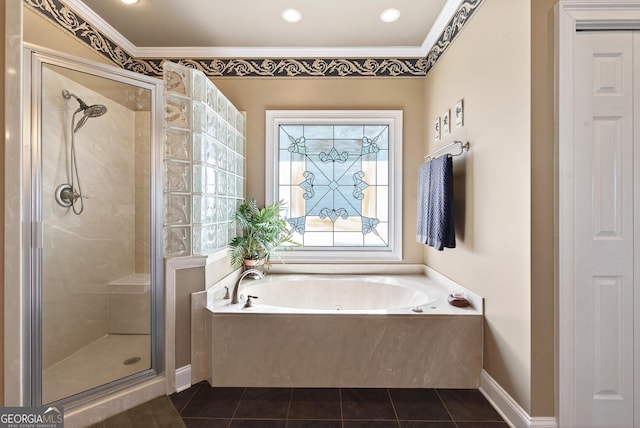 865 Laurel Ridge Rd, Cleveland, GA 30528 - full bath featuring a garden tub, a shower stall, crown molding, and tile patterned floors