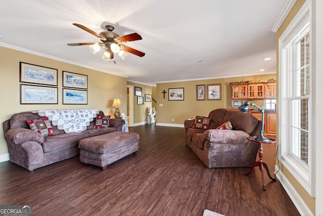 865 Laurel Ridge Rd, Cleveland, GA 30528 - living room with dark wood finished floors, ceiling fan, crown molding, and recessed lighting