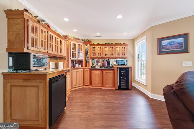 865 Laurel Ridge Rd, Cleveland, GA 30528 - kitchen featuring beverage cooler, dishwasher, dark wood-style flooring, crown molding, and stainless steel microwave