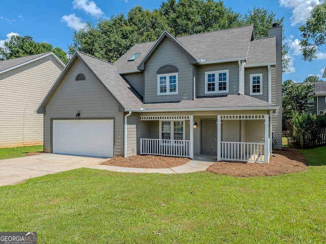1904 Watercrest Cir, Lawrenceville, GA 30043 - view of front of property with a porch, an attached garage, concrete driveway, a front yard, and a chimney