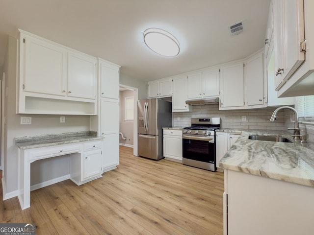 1904 Watercrest Cir, Lawrenceville, GA 30043 - kitchen featuring appliances with stainless steel finishes, under cabinet range hood, white cabinetry, tasteful backsplash, and light wood-type flooring