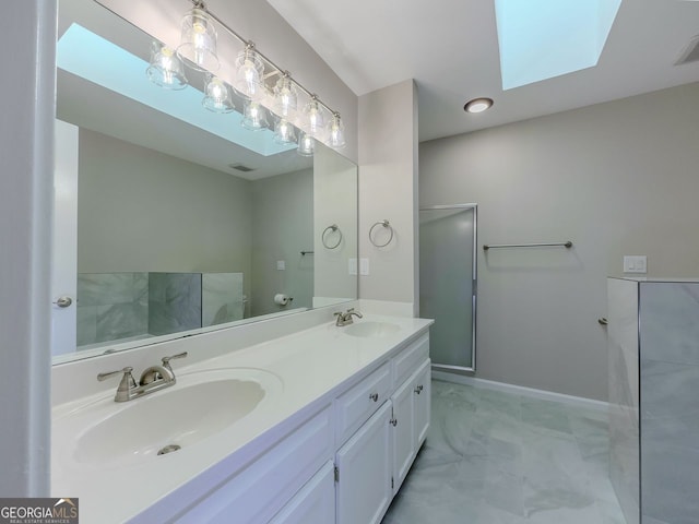 1904 Watercrest Cir, Lawrenceville, GA 30043 - full bath with double vanity, a skylight, an enclosed shower, and marble look tile flooring