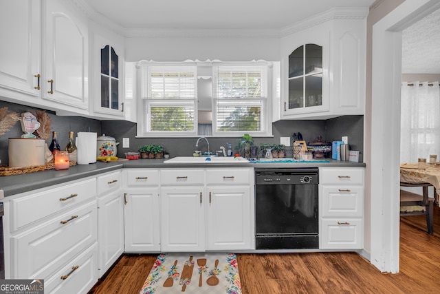 116 Rickman St, Toccoa, GA 30577 - kitchen featuring dishwasher, dark wood finished floors, glass insert cabinets, white cabinetry, and ornamental molding