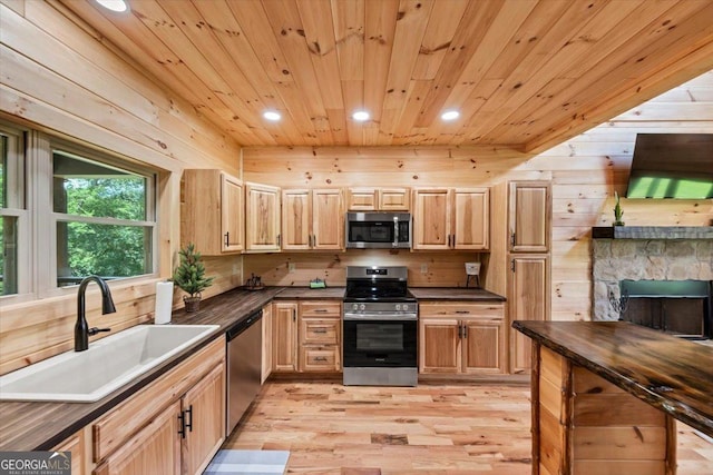 2092 Pleasant Hill Rd NE, Ranger, GA 30734 - kitchen featuring appliances with stainless steel finishes, light wood finished floors, wooden ceiling, light brown cabinetry, and recessed lighting