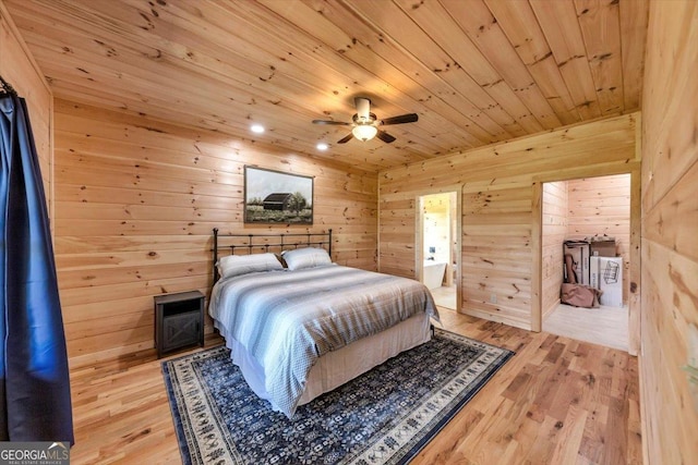 2092 Pleasant Hill Rd NE, Ranger, GA 30734 - bedroom featuring wooden walls, wood finished floors, wood ceiling, connected bathroom, and ceiling fan