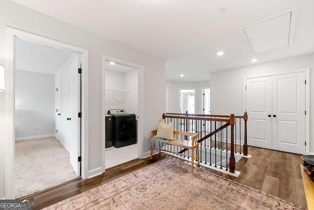 1316 Willamette Way, Marietta, GA 30008 - hall featuring attic access, an upstairs landing, wood finished floors, recessed lighting, and washing machine and clothes dryer