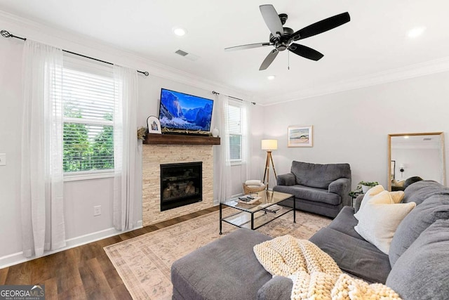 1316 Willamette Way, Marietta, GA 30008 - living room featuring ornamental molding, wood finished floors, a fireplace, ceiling fan, and recessed lighting