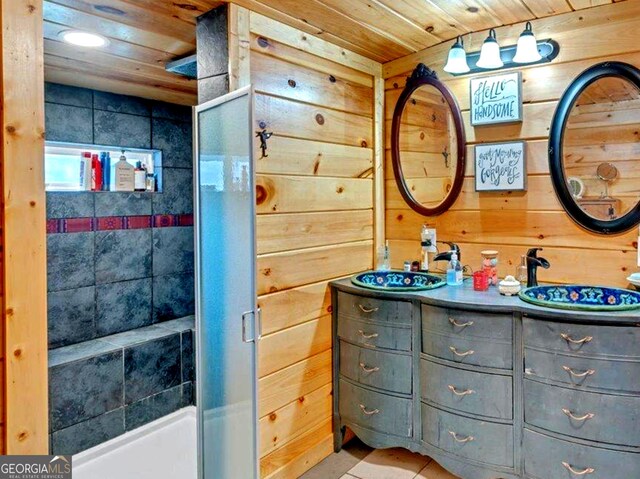 4253 Swallows Creek Rd, Hiawassee, GA 30546 - bathroom with a shower stall, vanity, wood walls, wooden ceiling, and tile patterned flooring