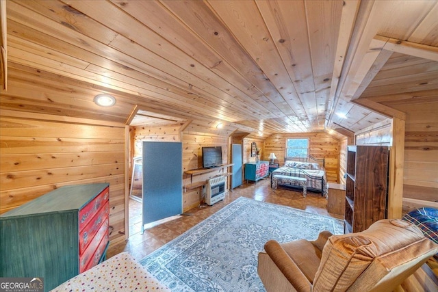 4253 Swallows Creek Rd, Hiawassee, GA 30546 - bedroom featuring wood ceiling, wooden walls, heating unit, and lofted ceiling