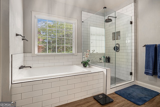 351 Prestbury Ct, Suwanee, GA 30024 - bathroom with a shower stall, a bath, and wood finished floors