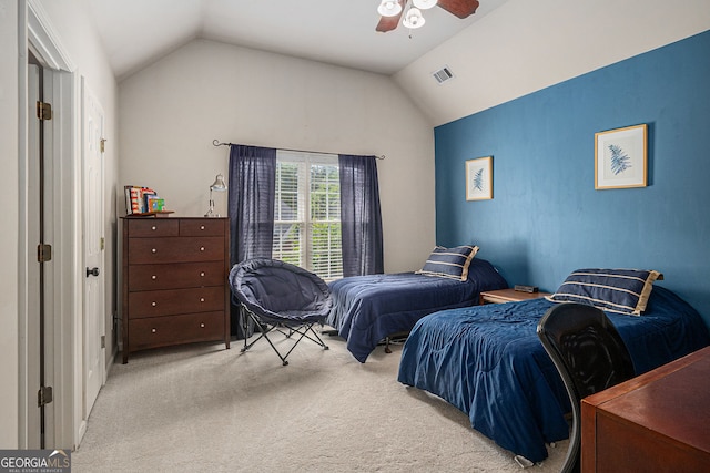351 Prestbury Ct, Suwanee, GA 30024 - carpeted bedroom with lofted ceiling and ceiling fan